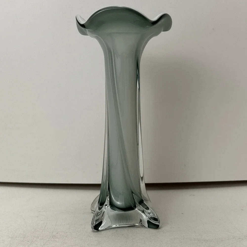 Flared White Cased Glass Vase Gray Accents Tall Twist Art Glass 8